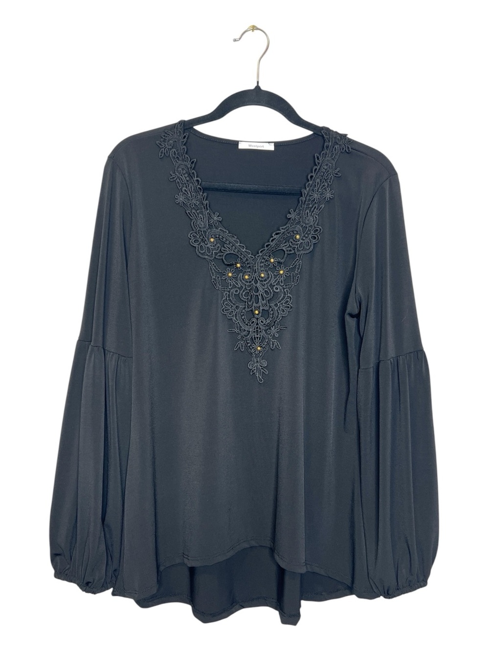 Westport Boho V Neck Crochet Lace Peasant Sleeve Black Blouse size Large